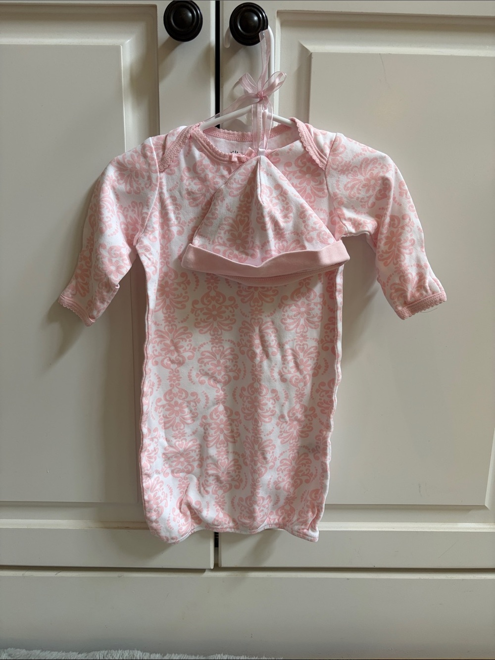 Little Me Girls 2 pc. Pink & White Damask Gown/Sleeper with Hat ~ size 0-3 mos.